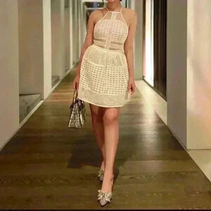 MARCIANO Ramana Panel Mesh Eyelet High Neck Mini Dress in White Nude Sz. 0